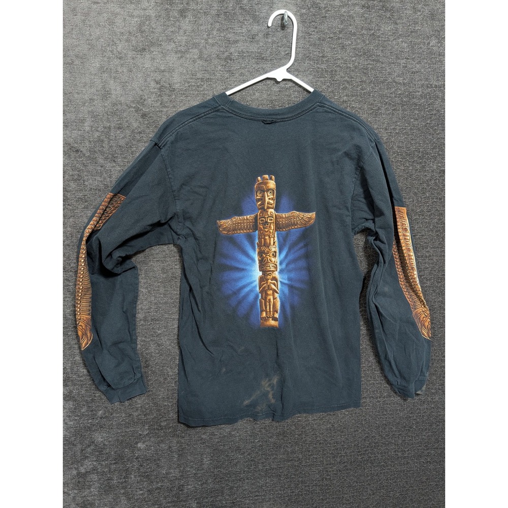 Vintage Totem Pole Graphic Long Sleeve T-Shirt Black Eagle Wing Print Small